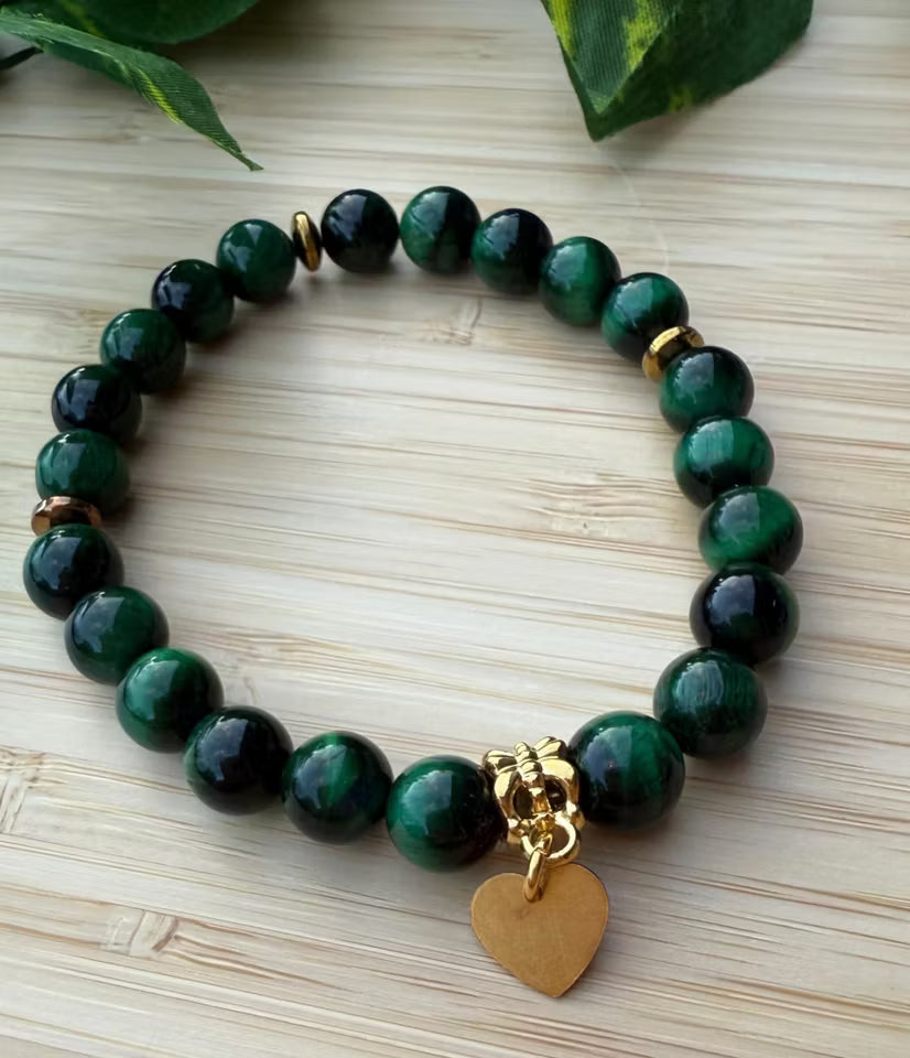 Grön tigerögastens armband med hjärta (8mm) (new-v3)