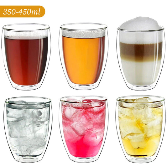 6 Pack Double-walled insulated transparent glass espresso cups, 250/350/450ml, perfect for tea, coffee, milk, restaurant