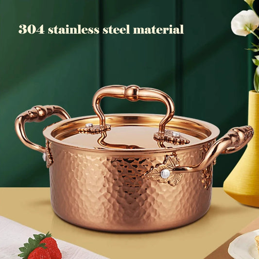 304 stainless steel double ear pot thickened hammer pattern single pot With lid Home self-service hot pot Stewed pot cookware