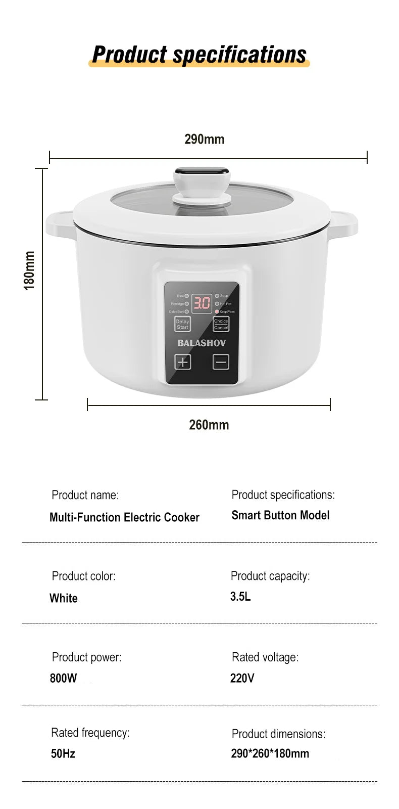 800W Electric Multifunctional Cooker Household Hot Pot Intelligent Non-stick Cookware for Kitchen Home Appliance Rice Pot 3.5L
