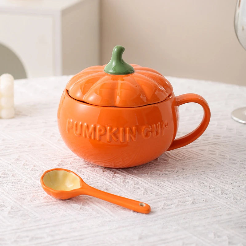 Pumpkin Mug Ceramic with Lid with Spoon Coffee Cups