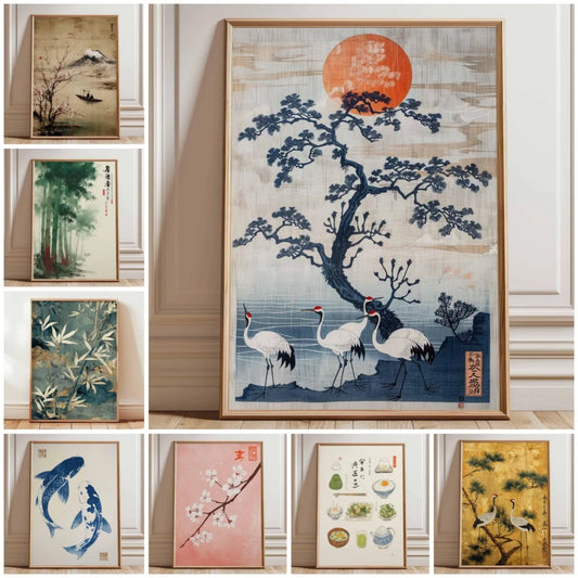 Japanese Crane Poster, Vintage Ukiyo-e Wall Art, Red Sun and Pine Tree Print, Traditional Japanese Artwork, Oriental Home Decor