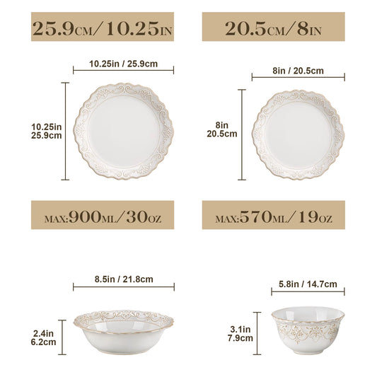 16/32 Piece Plates Dinner Sets Relief White Stoneware Dinnerware Set with 4 PCS Dinner Plate/Dessert/Cereal Bowl/Soup
