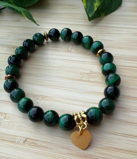 Grön tigerögastens armband med hjärta (8mm) (new-v3)