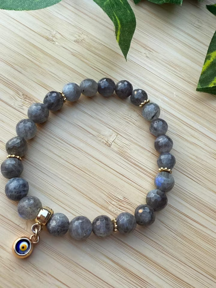 Grå labradorit stens armband med onda ögat pärla figur (8mm) (new-v3)