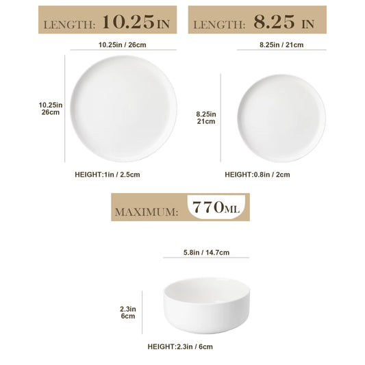 Luna Series 18-Piece Ceramic Porcelain Dinnerware Set with 6 Pcs Dinner/Dessert Plates,Bowl Tableware Set Service for 6