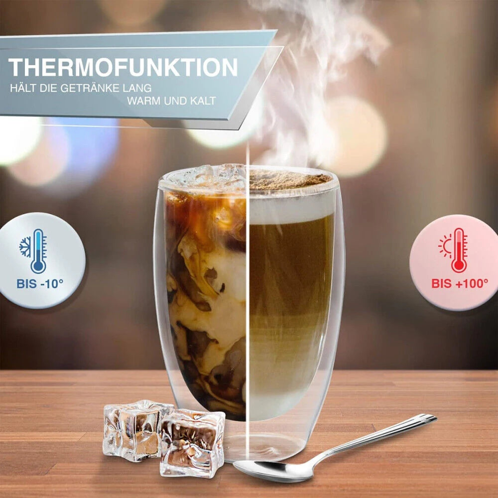 6 Pack Double-walled insulated transparent glass espresso cups, 250/350/450ml, perfect for tea, coffee, milk, restaurant