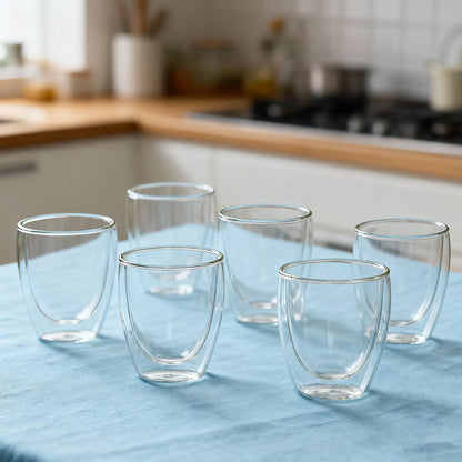 6 Pack Double-walled insulated transparent glass espresso cups, 250/350/450ml, perfect for tea, coffee, milk, restaurant