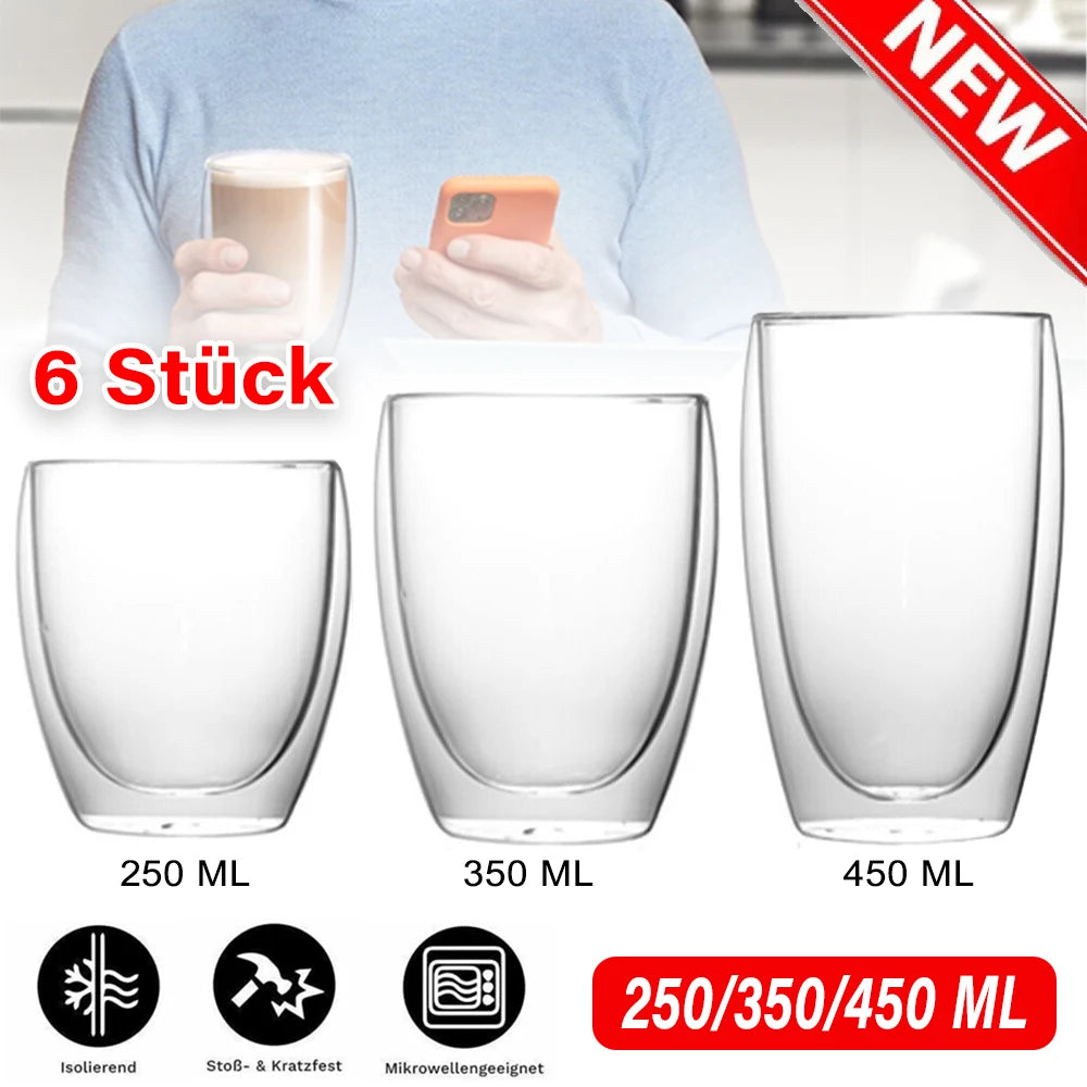 6 Pack Double-walled insulated transparent glass espresso cups, 250/350/450ml, perfect for tea, coffee, milk, restaurant