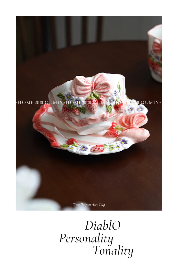 Vintage Berry Floral Bow Coffee Mug Set Creative Ceramic Tea Cup