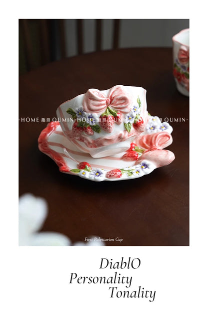 Vintage Berry Floral Bow Coffee Mug Set Creative Ceramic Tea Cup