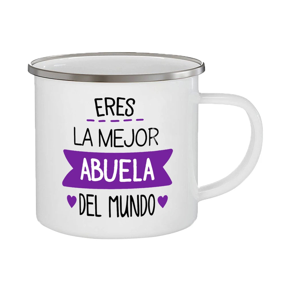 Best Grandmother in The World Spanish Print Enamel Coffee Mug Drinks Milk Cup Camping Mugs Best Birthday Holiday Gift for Abuela