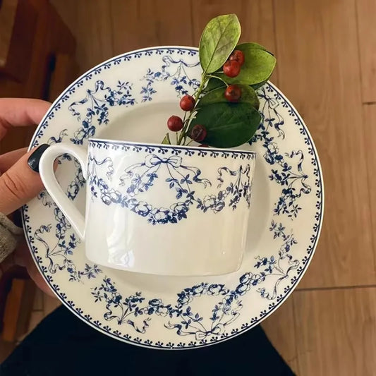 French retro floral imitation ceramic coffee cup and plate
