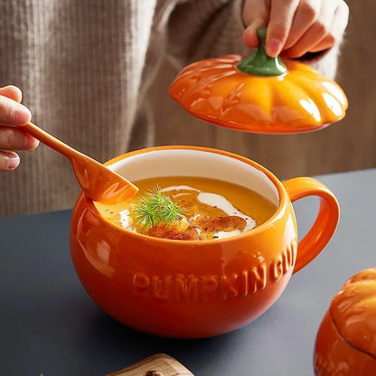 Pumpkin Mug Ceramic with Lid with Spoon Coffee Cups