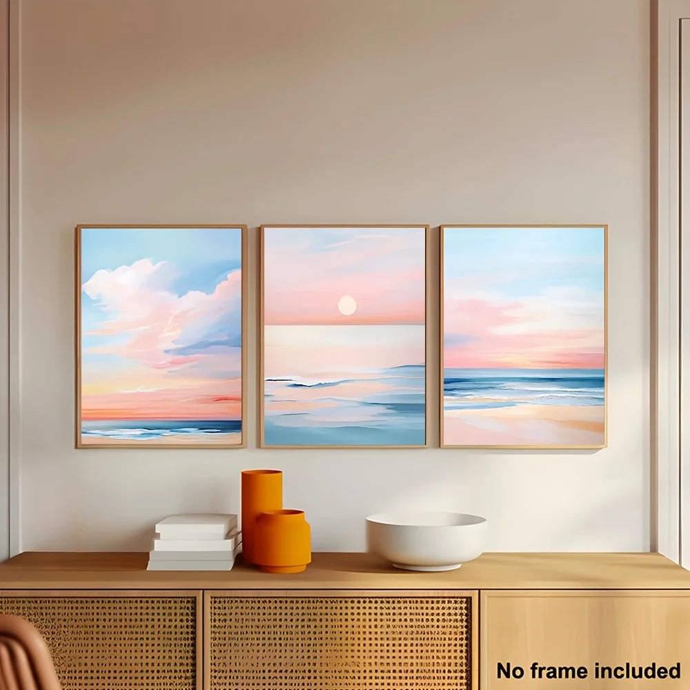 3pcs, 2D Frameless Canvas Art Set, Three-Piece Living Room Decor, Pastel Sunset Beach Coastal Ocean Painting Poster with Blus