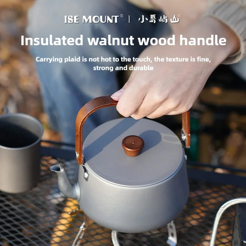 ISE MOUNT Outdoor Aluminum Alloy Kettle Teapot Camping Cookware Portable 1.1L Wooden Handle Coffee Pot