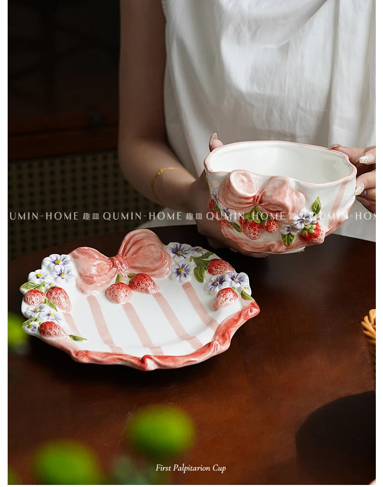 Vintage Berry Floral Bow Coffee Mug Set Creative Ceramic Tea Cup