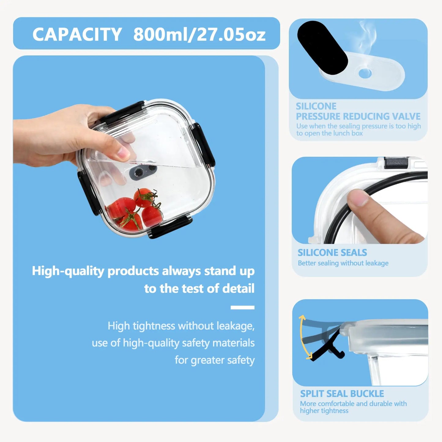 SAEIV Set of glass food storage containers with lids, airtight and leak-proof, 320/800 ml, airtight food storage containers