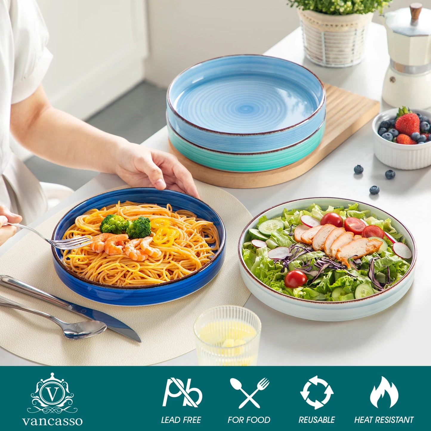 vancasso 4/8 Piece Large Pasta Plate Blue Multicolor Handpainted Spiral Tableware Set 380ML for Fruit/Cereal/Ramen Bowl for 4