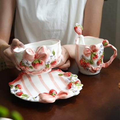 Vintage Berry Floral Bow Coffee Mug Set Creative Ceramic Tea Cup