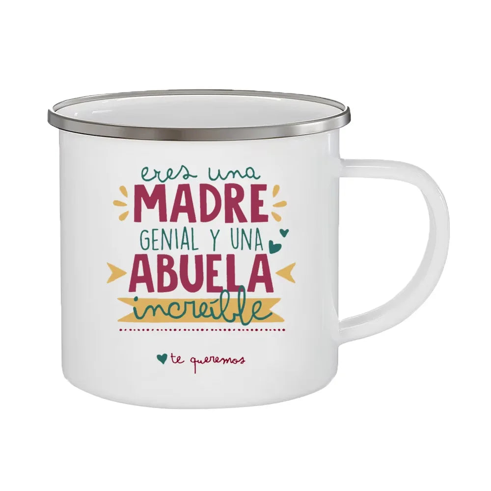 Best Grandmother in The World Spanish Print Enamel Coffee Mug Drinks Milk Cup Camping Mugs Best Birthday Holiday Gift for Abuela