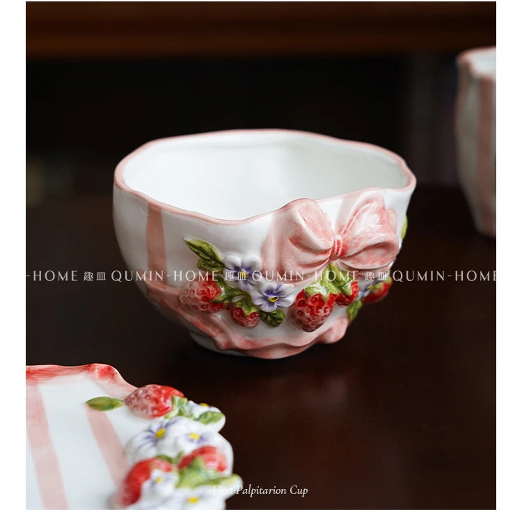 Vintage Berry Floral Bow Coffee Mug Set Creative Ceramic Tea Cup