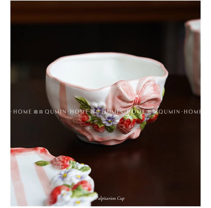 Vintage Berry Floral Bow Coffee Mug Set Creative Ceramic Tea Cup
