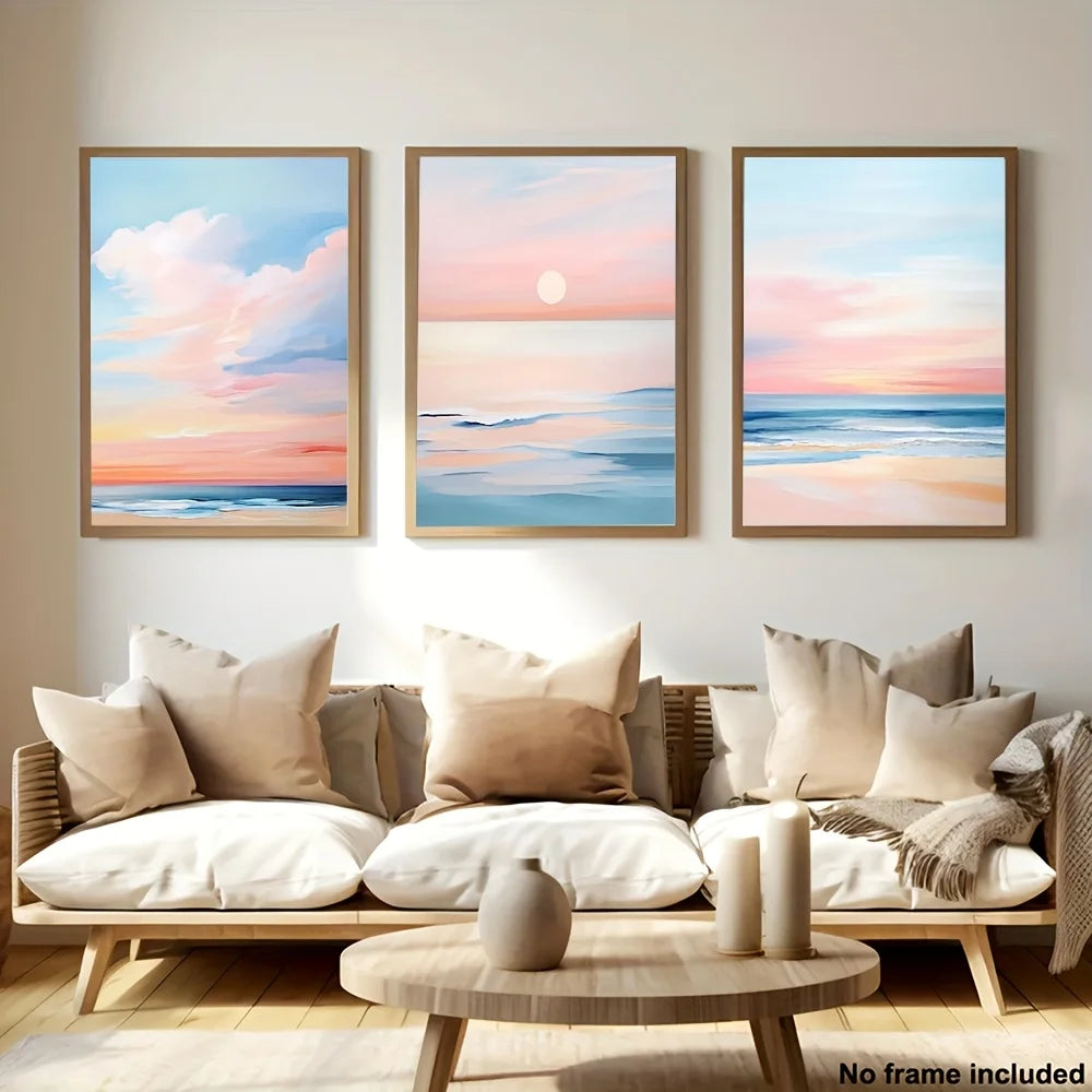 3pcs, 2D Frameless Canvas Art Set, Three-Piece Living Room Decor, Pastel Sunset Beach Coastal Ocean Painting Poster with Blus