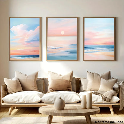 3pcs, 2D Frameless Canvas Art Set, Three-Piece Living Room Decor, Pastel Sunset Beach Coastal Ocean Painting Poster with Blus