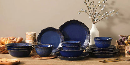 MALACASA 16 Piece Relief Blue Reactive Glaze Plates Dinner Sets Ceramic Dinnerware Set with 4 PCS Dinner Plate/Dessert/Bowl/Soup
