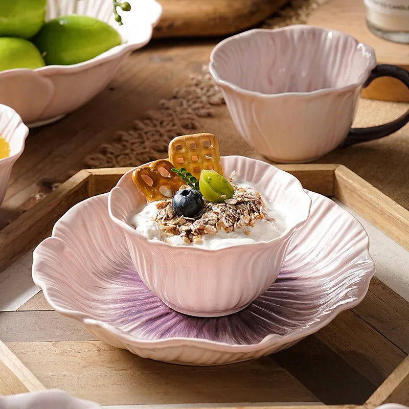 Relief Purple Floral Ceramic Plate Dessert Plate Pasta Dish Soup Bowl Salad Bowl Snack Bowl Molecular Cuisine Creative Tableware