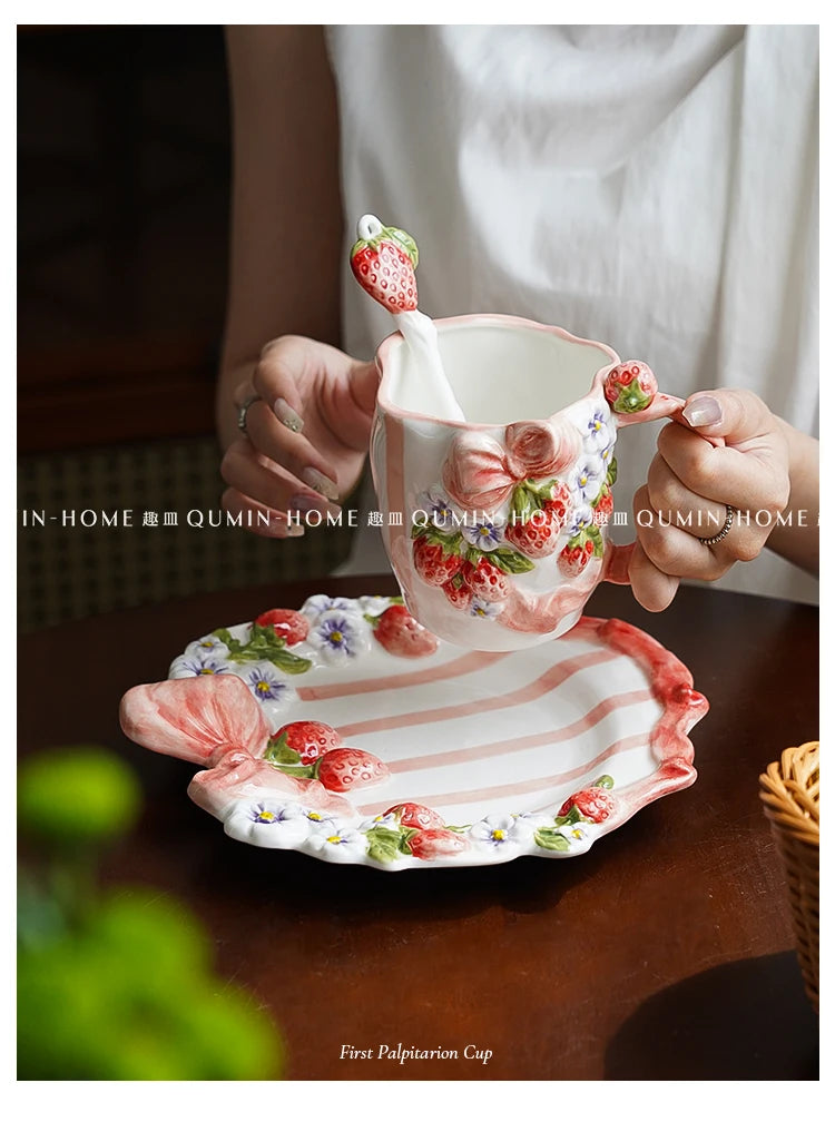 Vintage Berry Floral Bow Coffee Mug Set Creative Ceramic Tea Cup