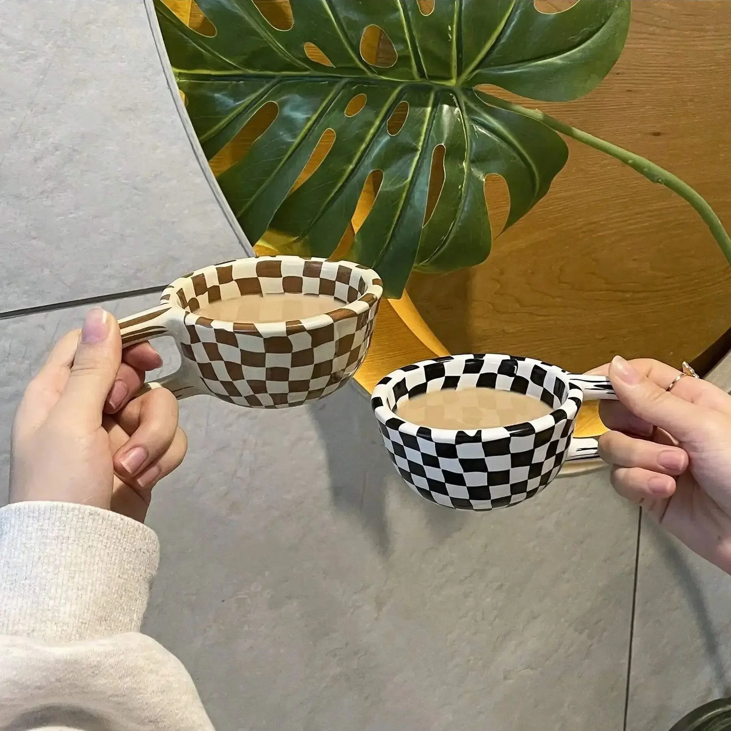 1pc-Creative Ceramic Checkered Pattern Tea Cup Irregular Chessboard Coffee Cup