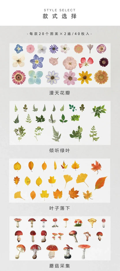 40pcs/pack PET Transparent Flowers Stickers DIY Deco Scrapbooking Junk Journal Plants Flowers Sticker Stationery Supplies