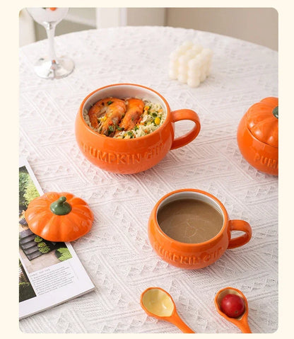 Pumpkin Mug Ceramic with Lid with Spoon Coffee Cups