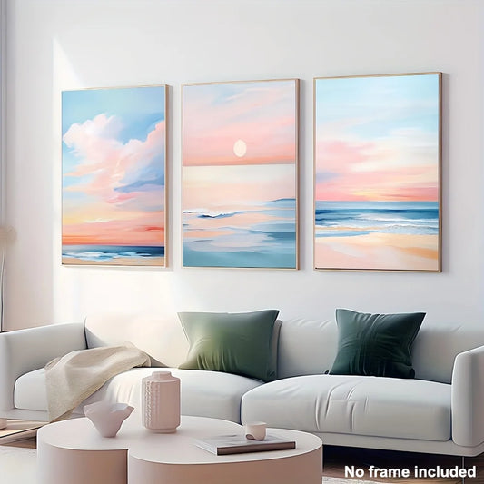 3pcs, 2D Frameless Canvas Art Set, Three-Piece Living Room Decor, Pastel Sunset Beach Coastal Ocean Painting Poster with Blus