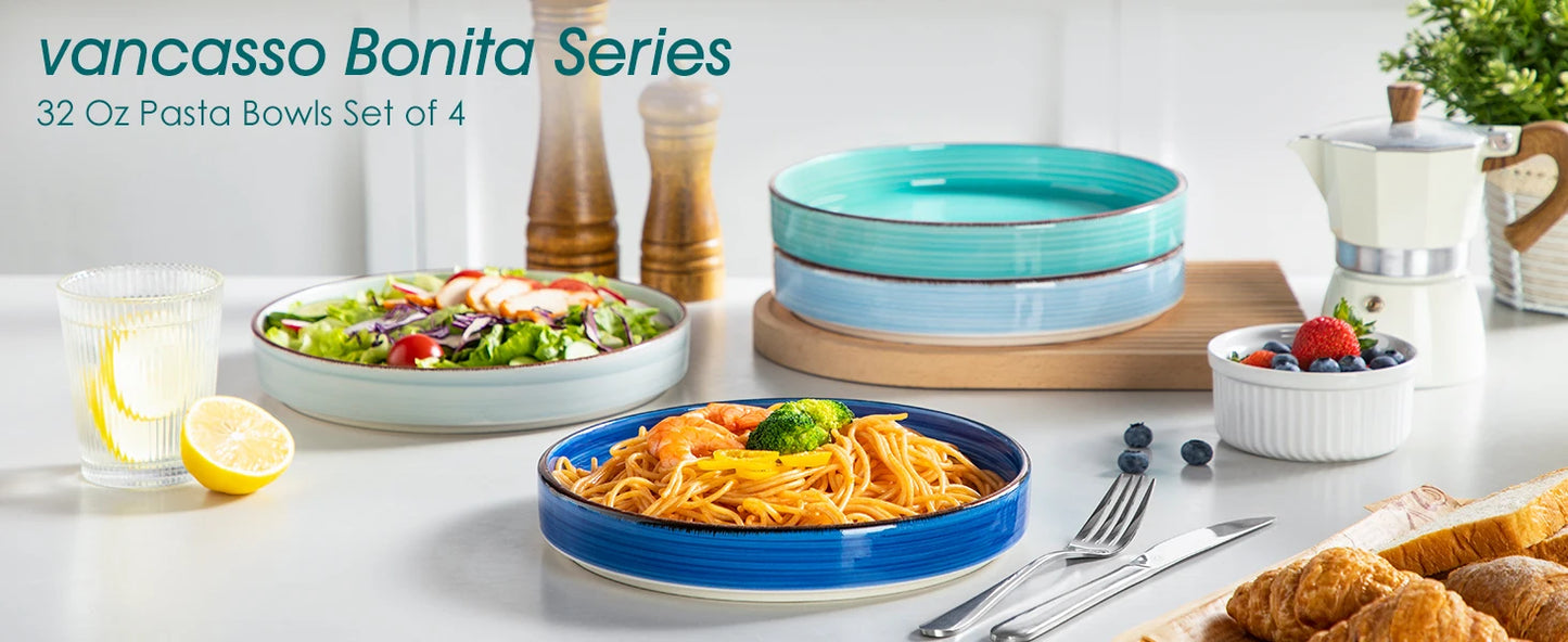 vancasso 4/8 Piece Large Pasta Plate Blue Multicolor Handpainted Spiral Tableware Set 380ML for Fruit/Cereal/Ramen Bowl for 4