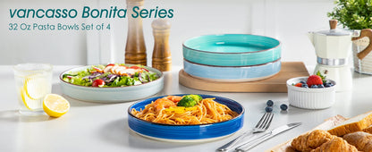 vancasso 4/8 Piece Large Pasta Plate Blue Multicolor Handpainted Spiral Tableware Set 380ML for Fruit/Cereal/Ramen Bowl for 4
