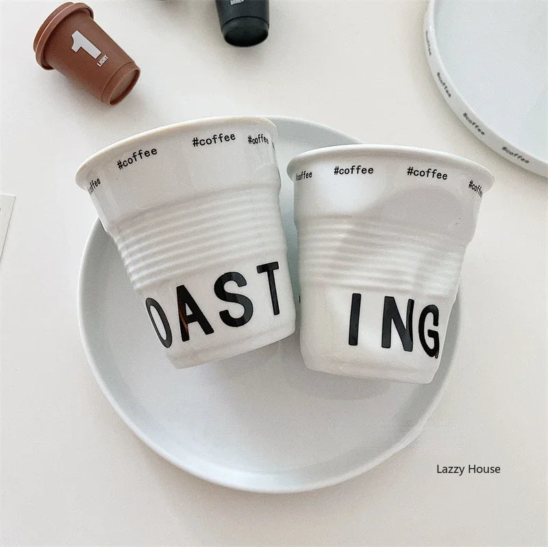 6.7oz Korean Style Cups and Mugs Coffee Mug White Ceramic Nordic Wrinkle Cup 200ml Drinking Coffe Tumbler English Letter