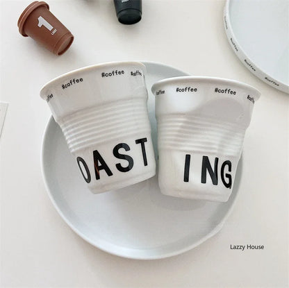 6.7oz Korean Style Cups and Mugs Coffee Mug White Ceramic Nordic Wrinkle Cup 200ml Drinking Coffe Tumbler English Letter