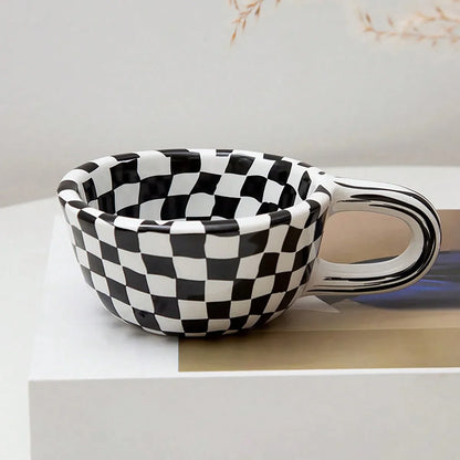 1pc-Creative Ceramic Checkered Pattern Tea Cup Irregular Chessboard Coffee Cup