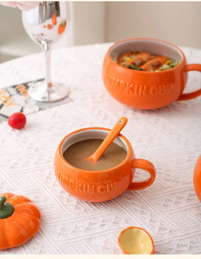 Pumpkin Mug Ceramic with Lid with Spoon Coffee Cups