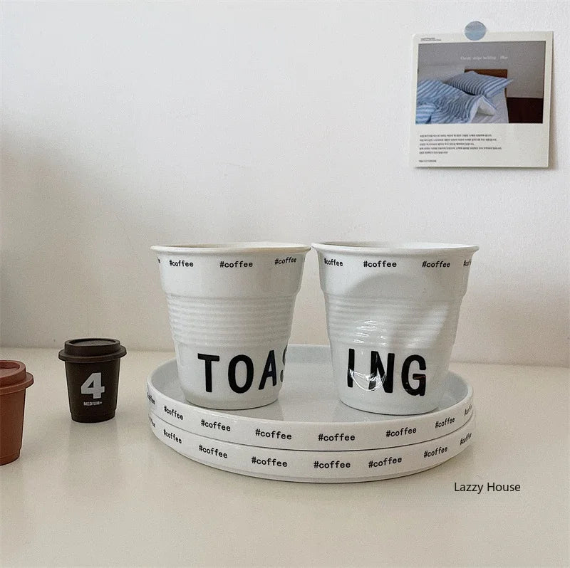6.7oz Korean Style Cups and Mugs Coffee Mug White Ceramic Nordic Wrinkle Cup 200ml Drinking Coffe Tumbler English Letter