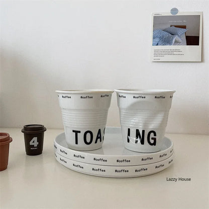 6.7oz Korean Style Cups and Mugs Coffee Mug White Ceramic Nordic Wrinkle Cup 200ml Drinking Coffe Tumbler English Letter