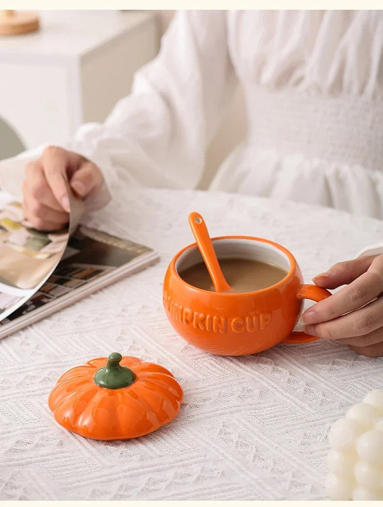 Pumpkin Mug Ceramic with Lid with Spoon Coffee Cups