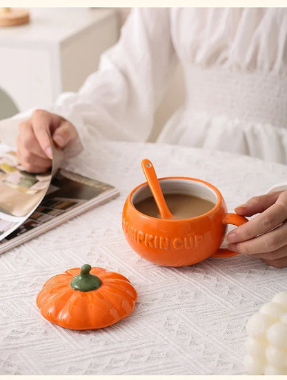 Pumpkin Mug Ceramic with Lid with Spoon Coffee Cups