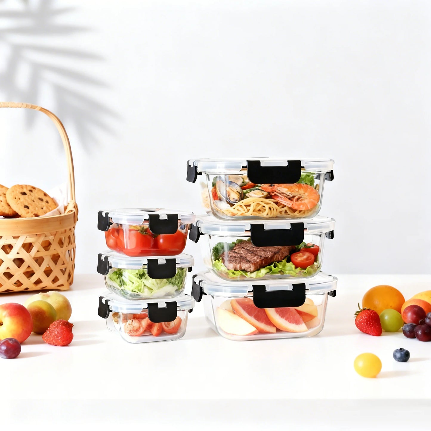 SAEIV Set of glass food storage containers with lids, airtight and leak-proof, 320/800 ml, airtight food storage containers