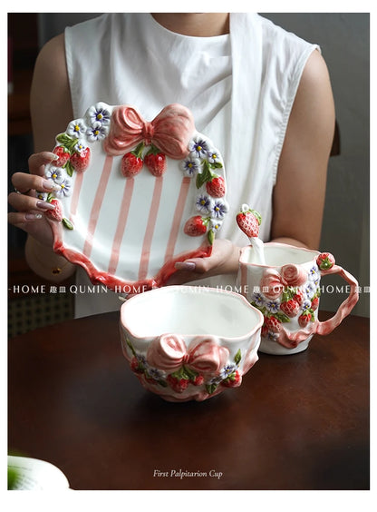 Vintage Berry Floral Bow Coffee Mug Set Creative Ceramic Tea Cup