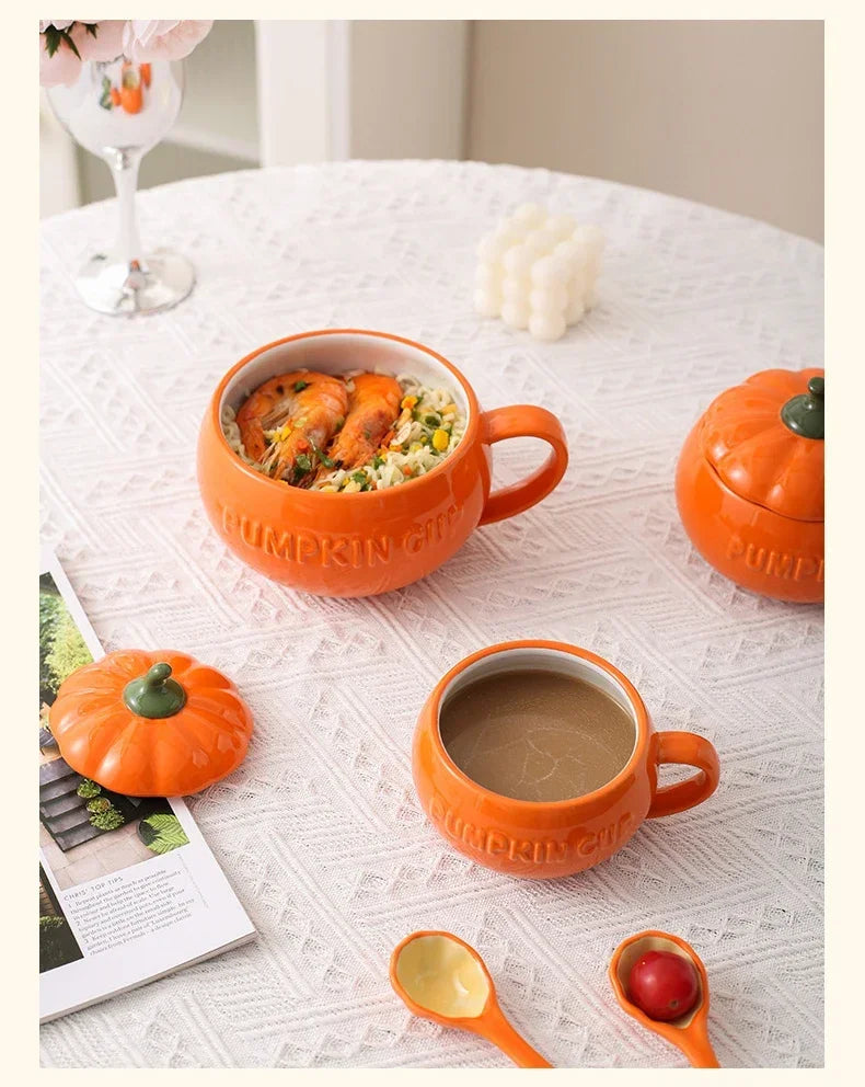 Pumpkin Mug Ceramic with Lid with Spoon Coffee Cups