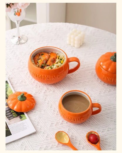 Pumpkin Mug Ceramic with Lid with Spoon Coffee Cups
